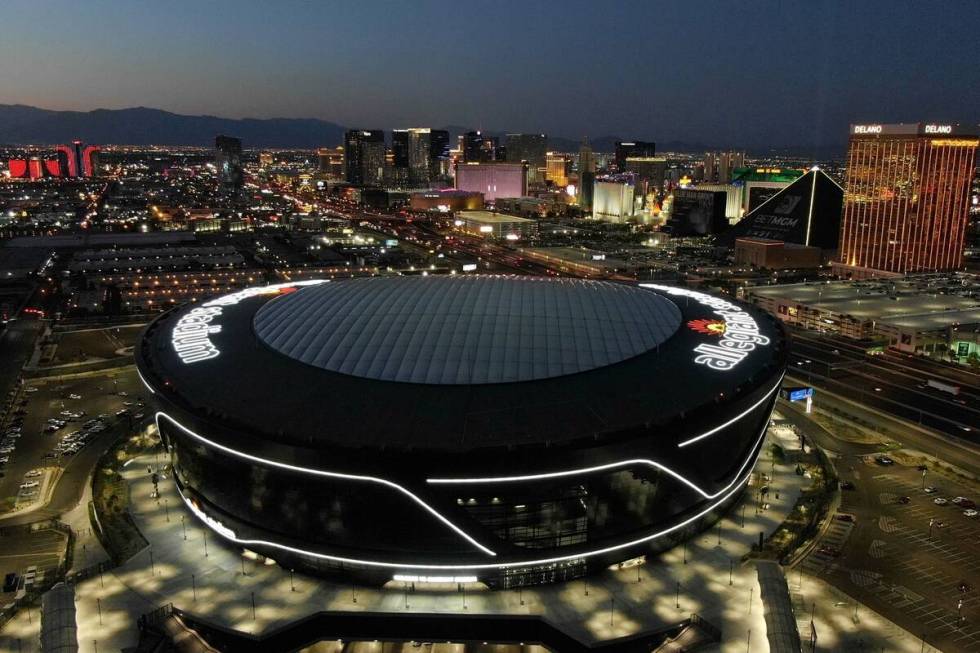 Aerial view of Allegiant Stadium and the Las Vegas Strip. (Michael Quine/Las Vegas Review-Journ ...