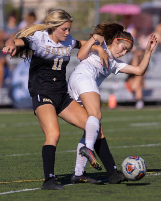 Arbor View’s Carissa Ortega (7) fights for possession with Faith Lutheran’s Brook ...