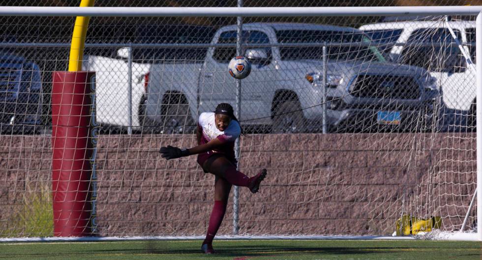 Faith Lutheran’s Jordan Brown (47) makes a goal kick during a girls high school soccer g ...