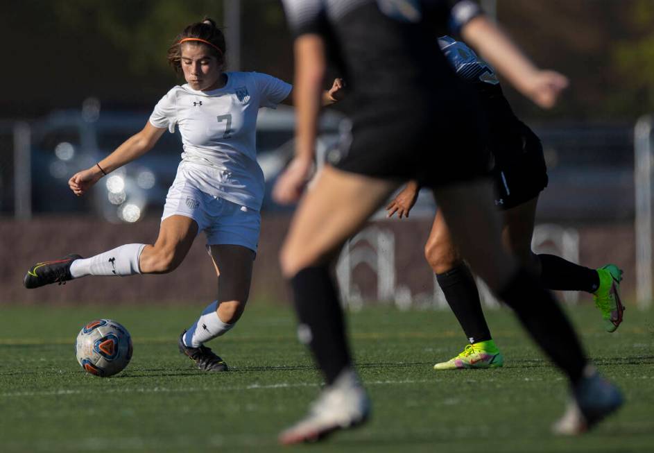 Arbor View’s Carissa Ortega (7) shoots on goal during a girls high school soccer game ag ...