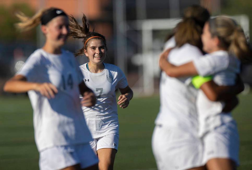 Arbor View players celebrate a goal during a girls high school soccer game against Faith Luther ...