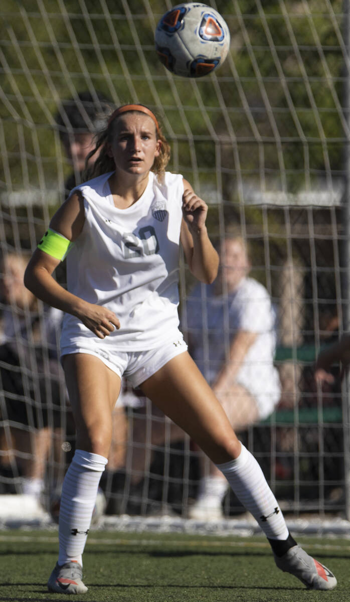 Arbor View’s Ava Gardner (20) defends the goal during a girls high school soccer game ag ...