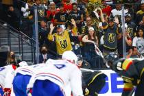Golden Knights fans cheer during the third period of Game 5 of an NHL hockey Stanley Cup semifi ...