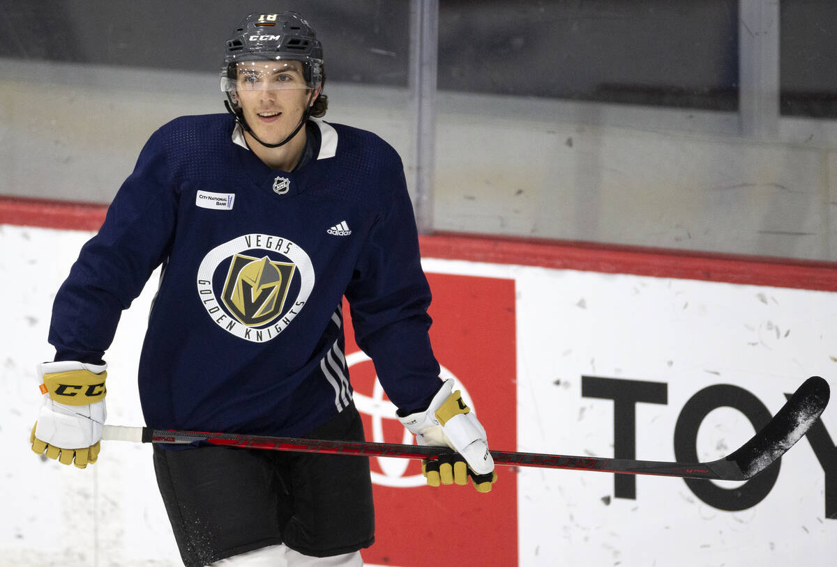 Golden Knights left wing Peyton Krebs (18) smiles after making a goal during a NHL hockey train ...