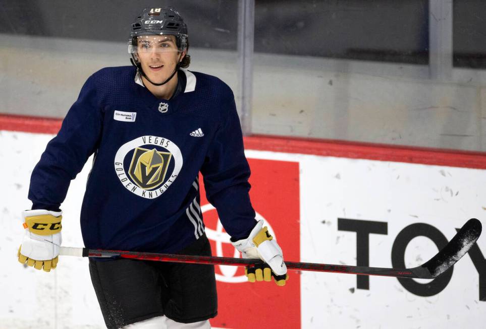 Golden Knights left wing Peyton Krebs (18) smiles after making a goal during a NHL hockey train ...