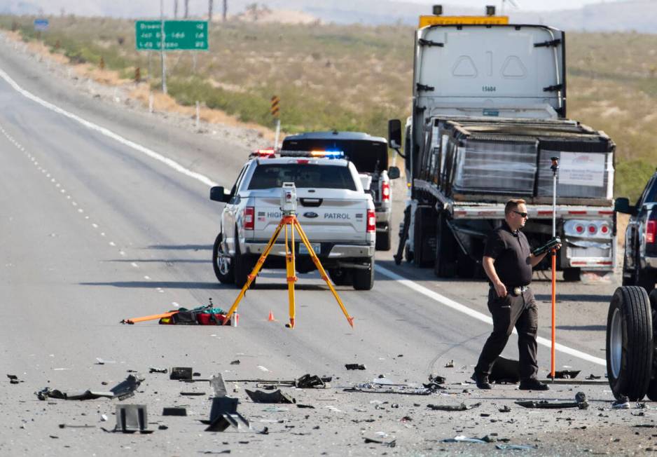 Nevada Highway Patrol investigates a fatal crash on Interstate 15 near Jean, on Monday, Aug. 30 ...