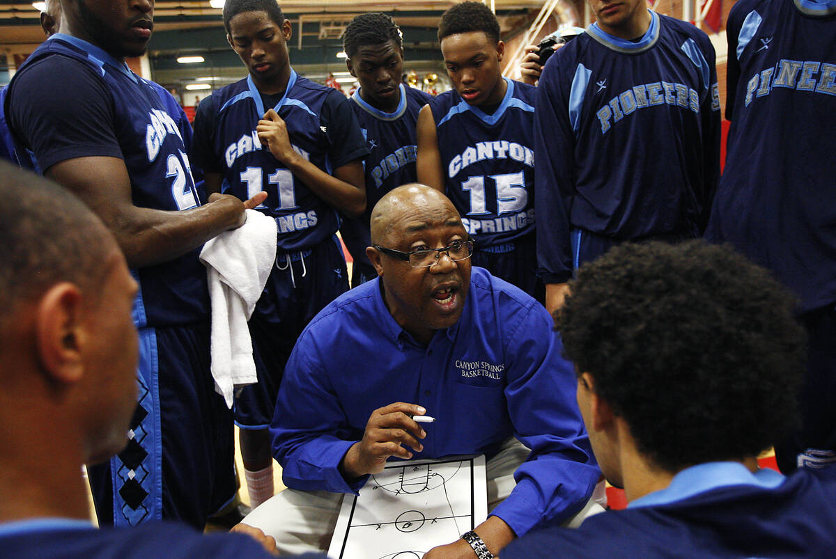 Canyon Springs head coach Freddie Banks talks to his team during a time-out against Valley High ...