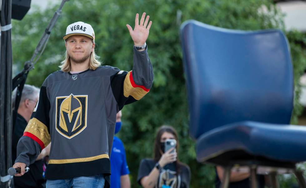 Golden Knights player William Karlsson greets the crowd after being introduced at their annual ...