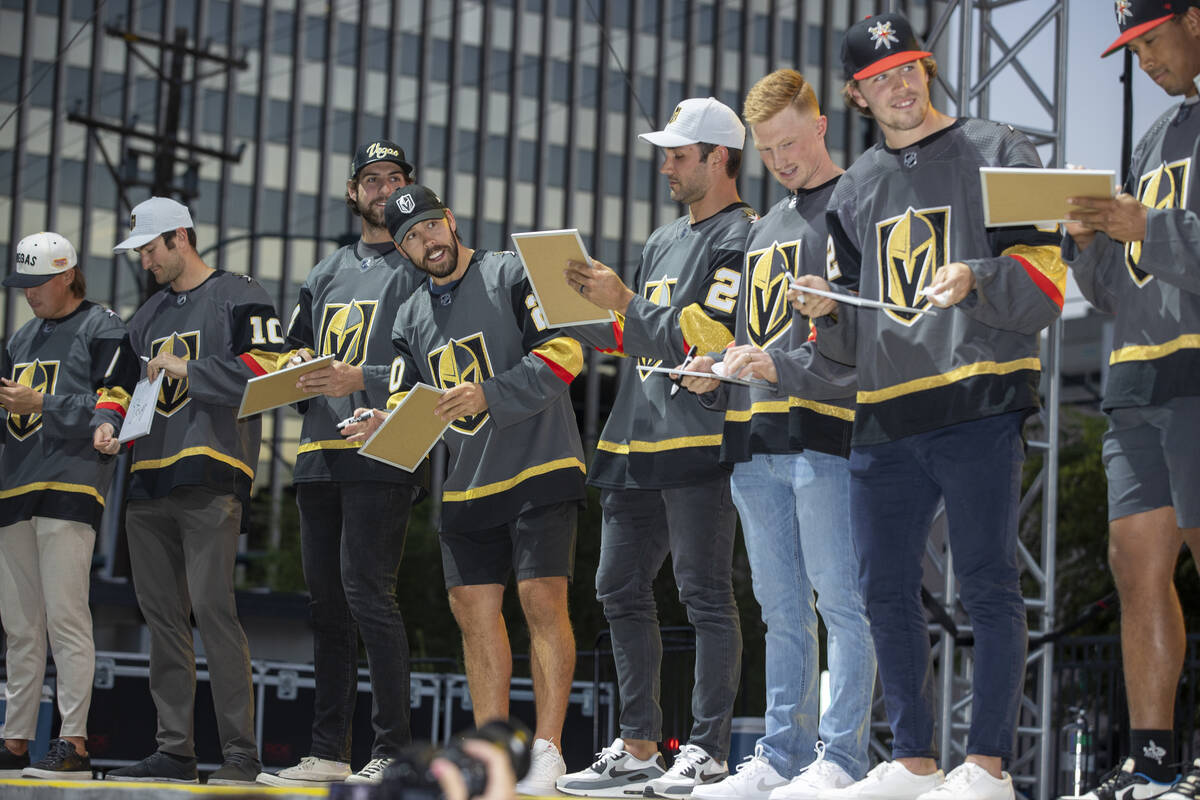 Golden Knights players on the stage to answer questions about each other during their annual Fa ...