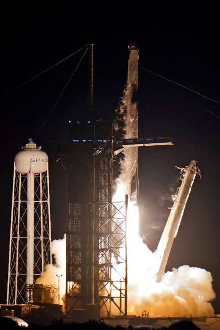 A SpaceX Falcon 9 rocket, with four private citizens onboard, lifts off from Kennedy Space Cent ...