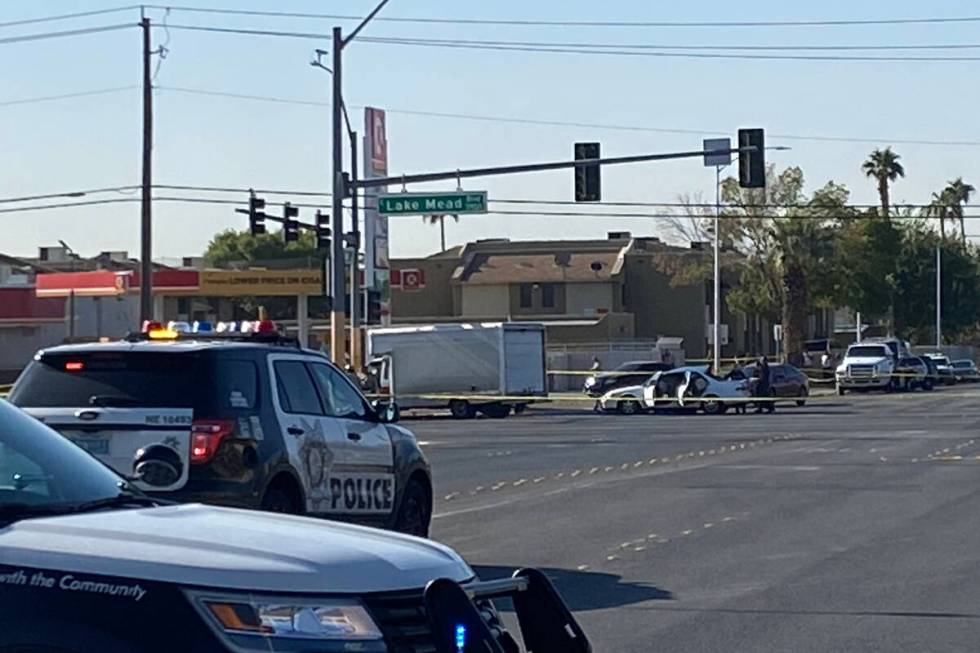Police investigate a fatal crash near East Lake Mead Boulevard and North Walnut Road on Thursda ...