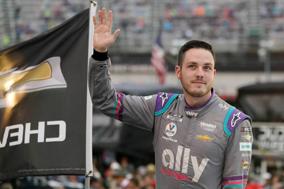 Alex Bowman waves to fans before a NASCAR Cup Series auto race at Bristol Motor Speedway Saturd ...