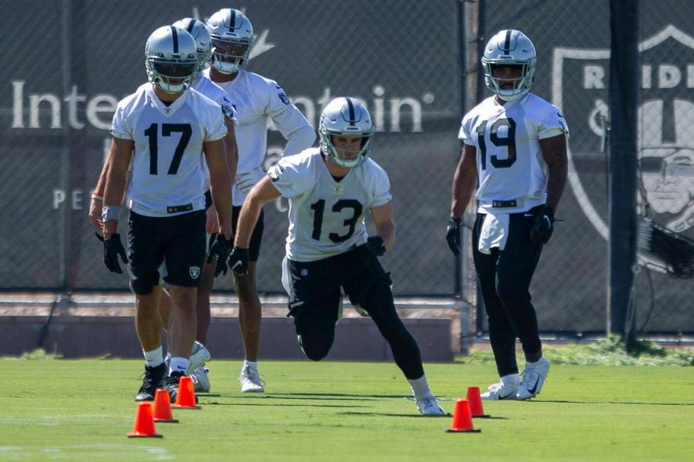 Raiders wide receiver Hunter Renfrow (13) sprints through a drill during team practice as wide ...