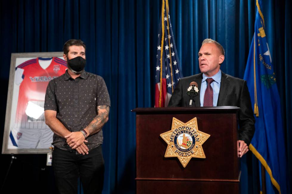 Capt. John Pelletier, right, and Lee Gugino give a press conference about 17-year-old Mia Gugin ...