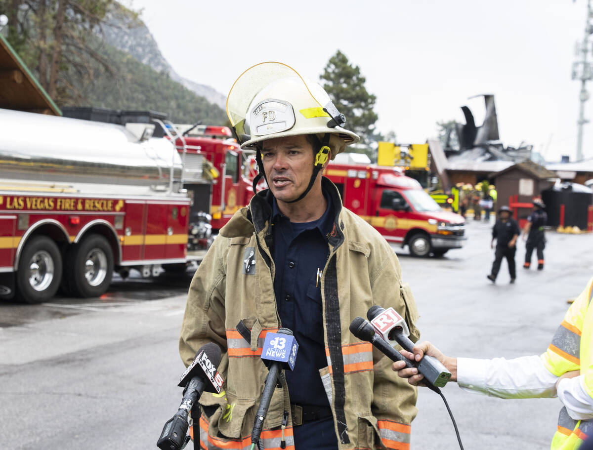 Clark County Fire Department Deputy Chief Thomas Touchstone speaks about a fire at the Mount Ch ...