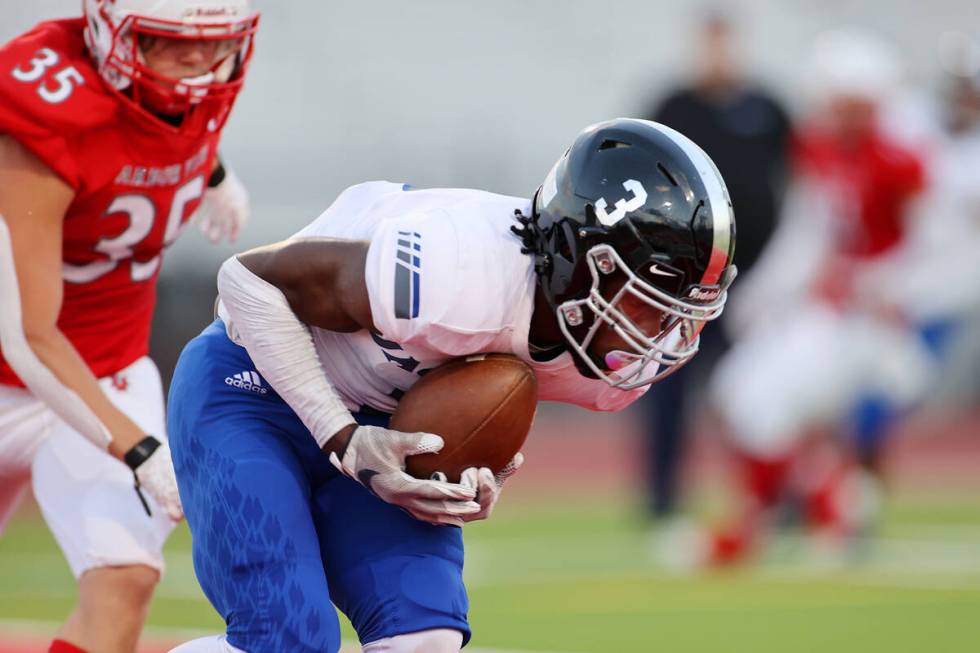 Desert Pines Lavon Brown (3) makes a touchdown catch under pressure from Arbor View's Jonathan ...