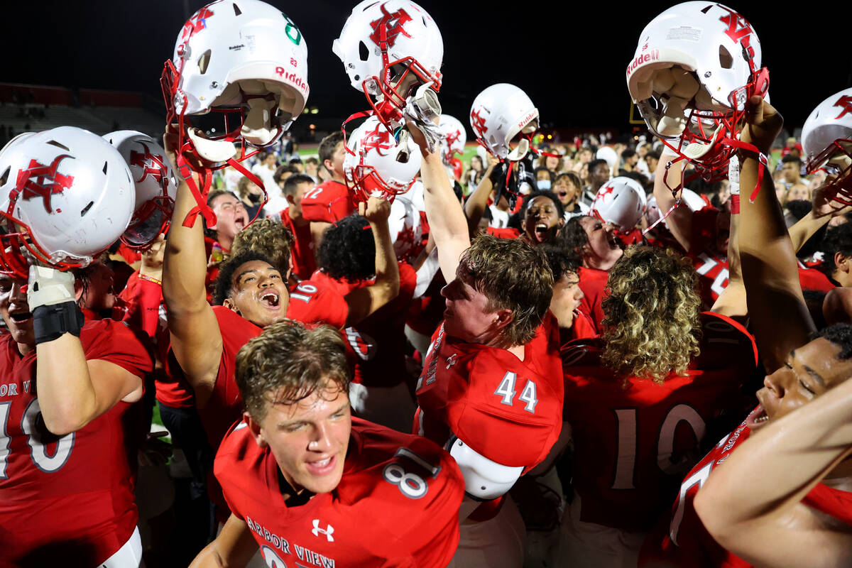 Arbor View celebrates its 22-21 win over Desert Pines during a football game at Arbor View High ...