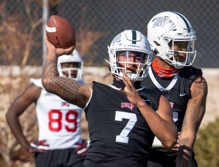 UNLV quarterback Cameron Friel (7) looks to pass during the first spring football practice at R ...