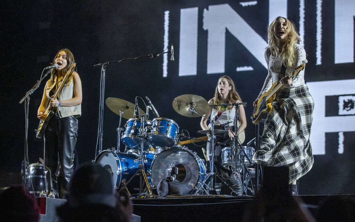 HAIM performs on the Downtown Stage during day two of Life is Beautiful on Saturday, Sept. 18, ...