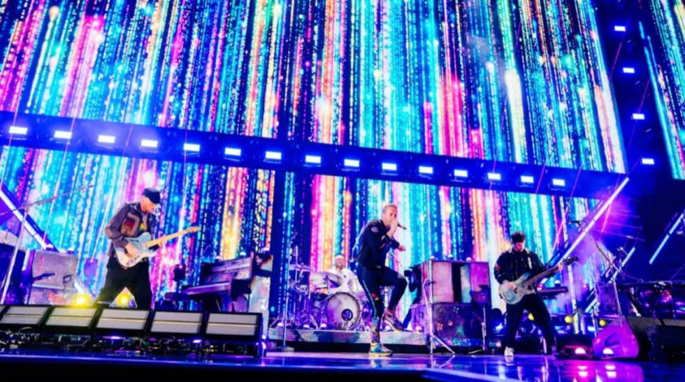 Coldplay performs during the 2021 iHeartRadio Music Festival at T-Mobile Arena on Saturday, Sep ...