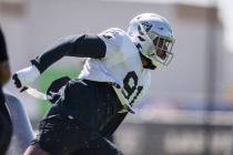 Raiders defensive end Yannick Ngakoue (91) runs a drill during team practice at the Raiders Hea ...