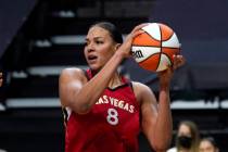 Las Vegas Aces' Liz Cambage in action against the Seattle Storm during a WNBA basketball game S ...