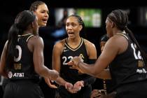 Las Vegas Aces forward A'ja Wilson (22) tries to fire up her team in the first quarter during a ...