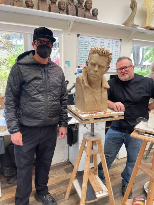 Zak Bagans and artist Steven Whyte are shown with Whyte's James Dean sculpture. When finished i ...