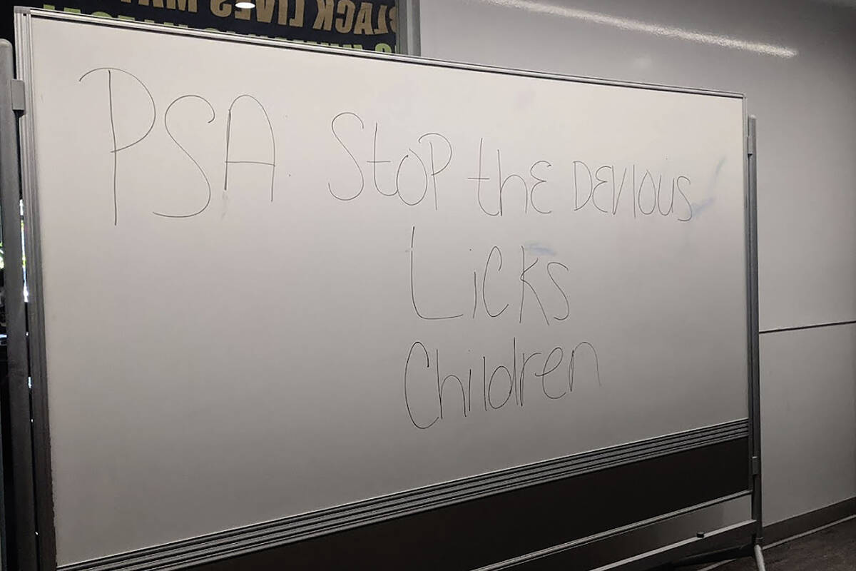 In this Sept. 16, 2021 photo courtesy of Cuyler Dunn shows a message on a white board at Lawren ...