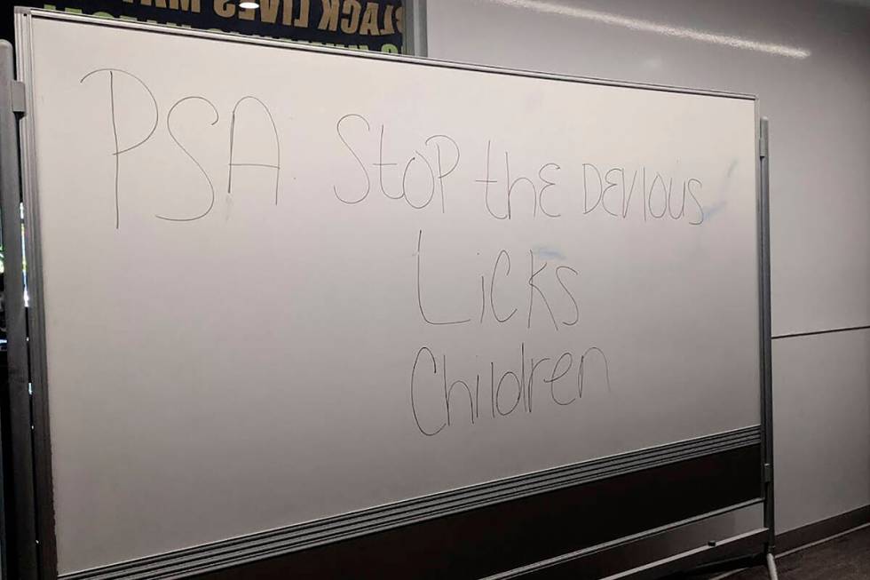 In this Sept. 16, 2021 photo courtesy of Cuyler Dunn shows a message on a white board at Lawren ...