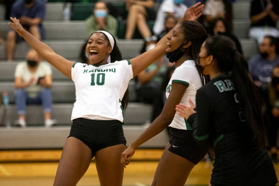 Rancho's Leah Miller (8), Aajaniya Wesley, second from right, and Adi Perez, right, celebrate a ...