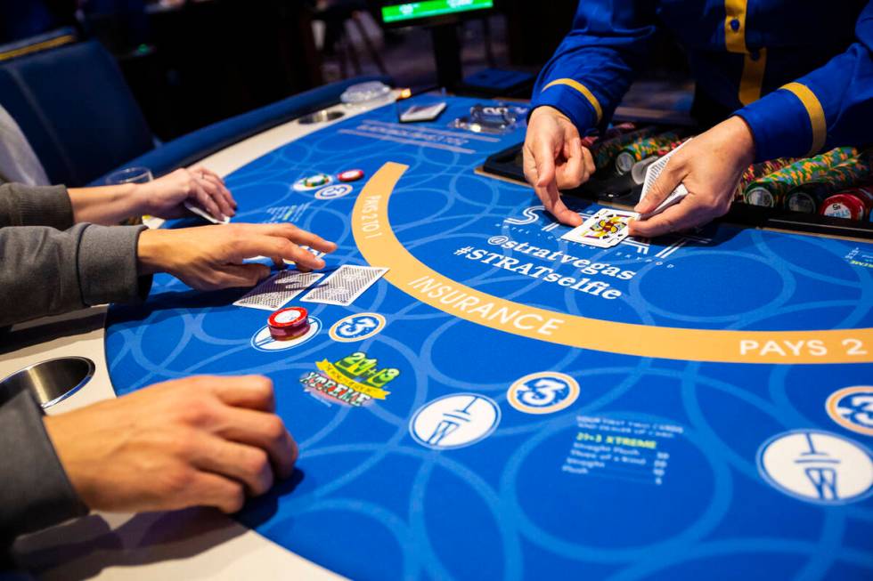 A blackjack game is seen at The Strat in Las Vegas in December 2019. (Chase Stevens/Las Vegas R ...