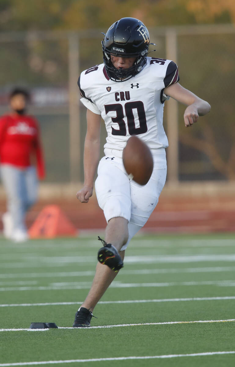 Faith Lutheran High School's Caden Chiitenden (30) kicks off against Liberty High School during ...