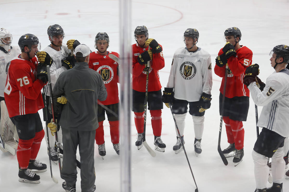 Vegas Golden Knights players participate during rookie camp at City National Arena in Las Vegas ...