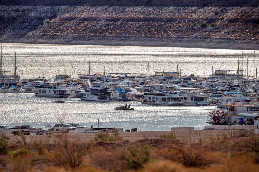 Boats cruise on a sunlit morning in Hemenway Harbor at the Lake Mead National Recreation Area o ...