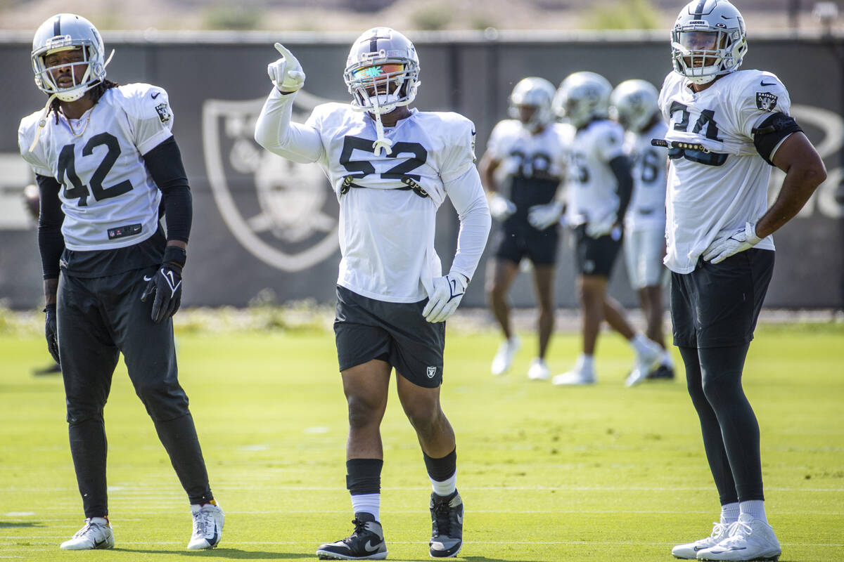 Raiders middle linebacker Denzel Perryman (52) points during practice at the Intermountain Heal ...