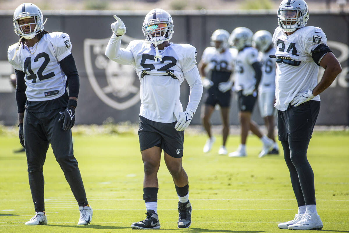 Raiders middle linebacker Denzel Perryman (52) points during practice at the Intermountain Heal ...