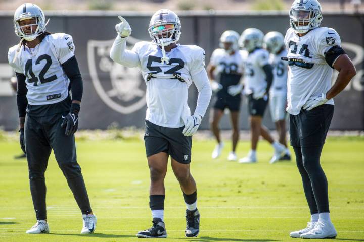 Raiders middle linebacker Denzel Perryman (52) points during practice at the Intermountain Heal ...