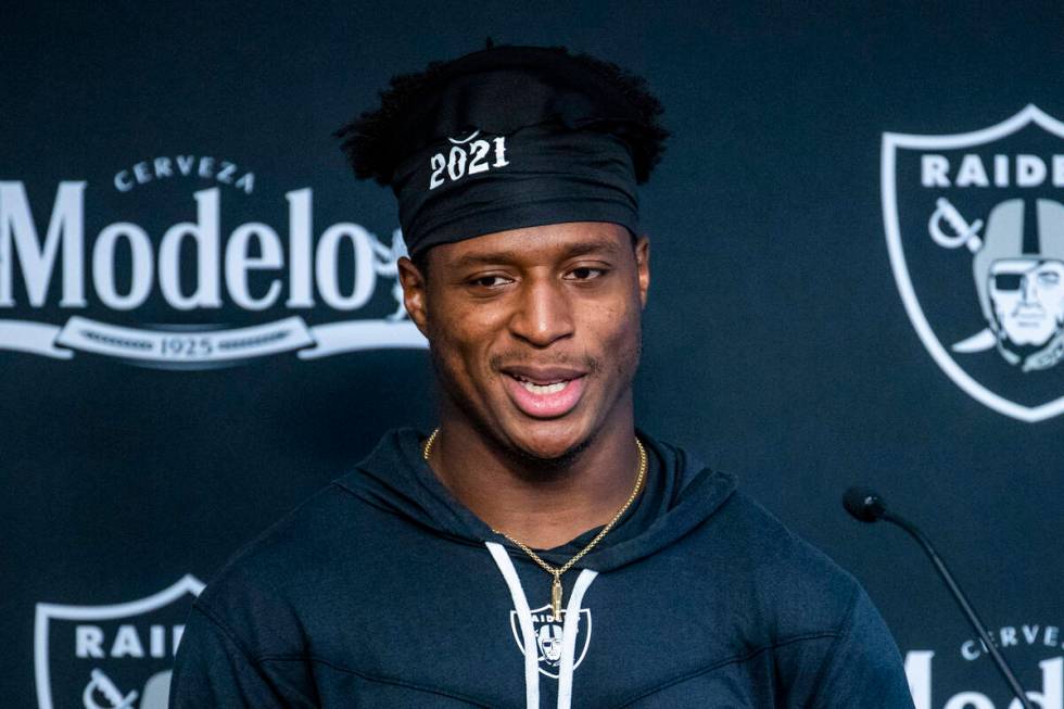 Raiders running back Kenyan Drake (23) speaks during a press conference at the Intermountain He ...