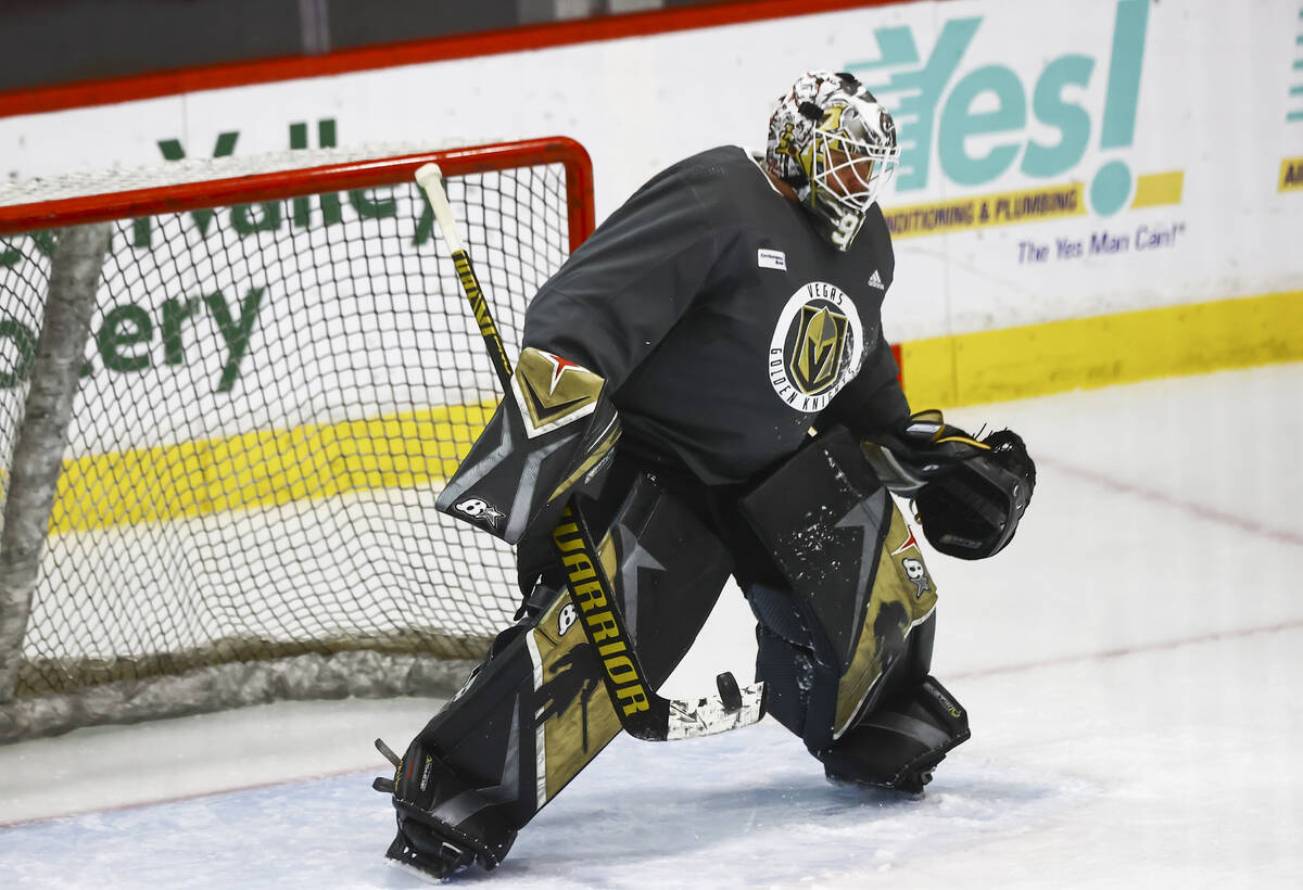 Golden Knights goaltender Robin Lehner defends the net during the first on-ice day of training ...
