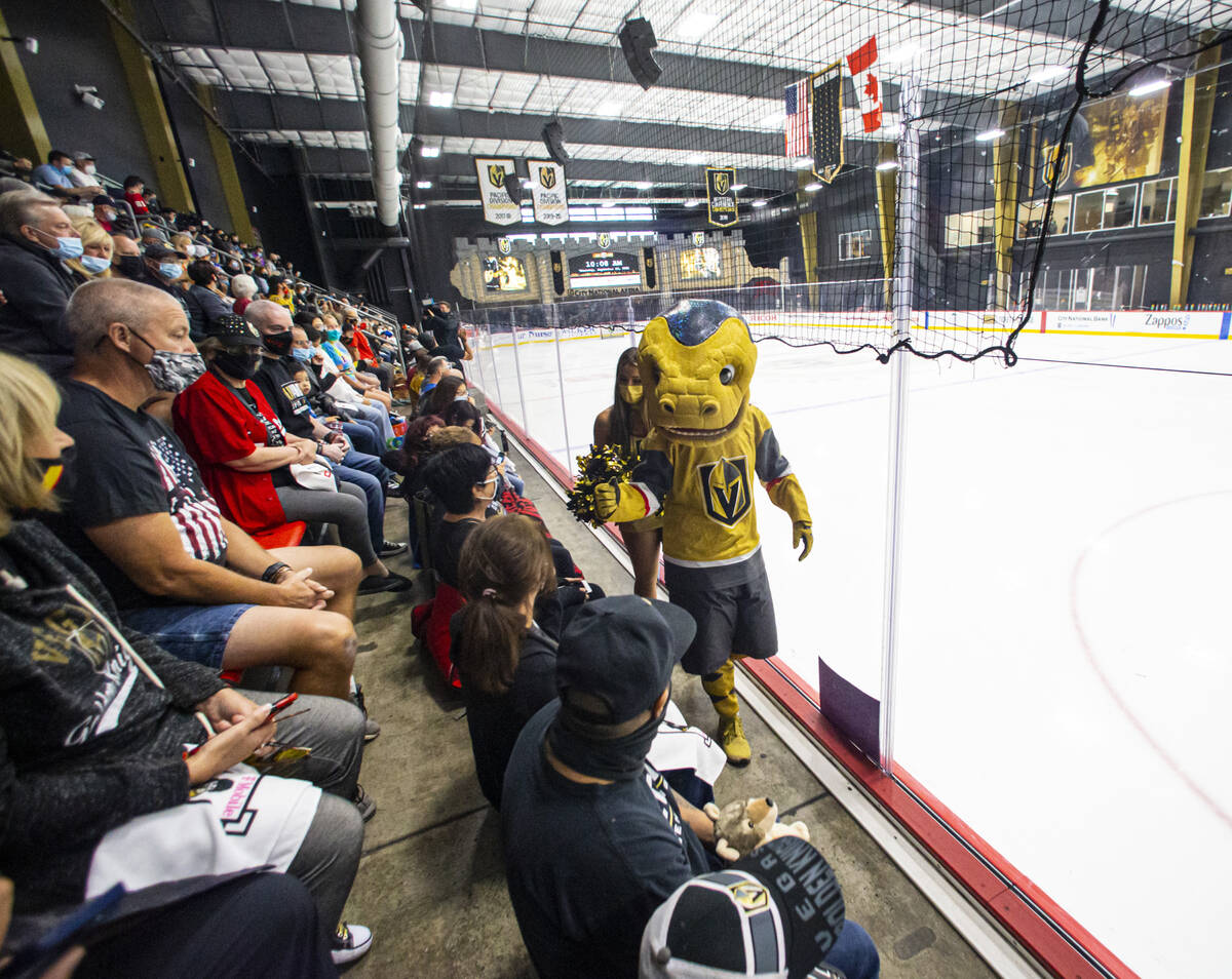 Golden Knights mascot Chance visits with fans during the first on-ice day of training camp at C ...