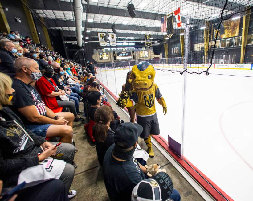 Golden Knights mascot Chance visits with fans during the first on-ice day of training camp at C ...