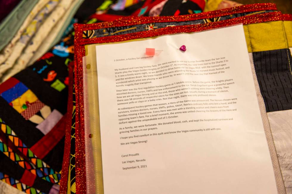 A letter about the Golden Knights is attached with a donated quilt that will be given away to s ...