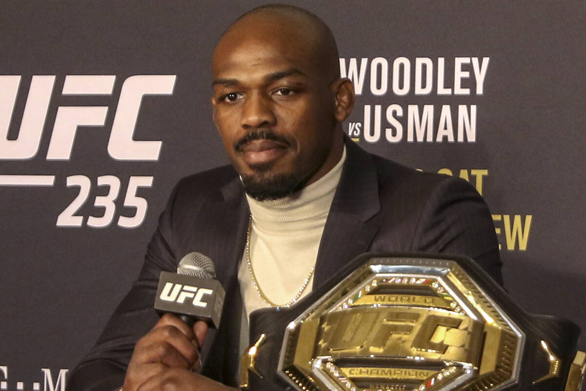 Jon Jones attends the UFC 235 post fight news conference after successfully defending his title ...