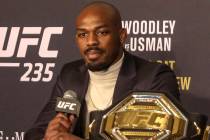 Jon Jones attends the UFC 235 post fight news conference after successfully defending his title ...