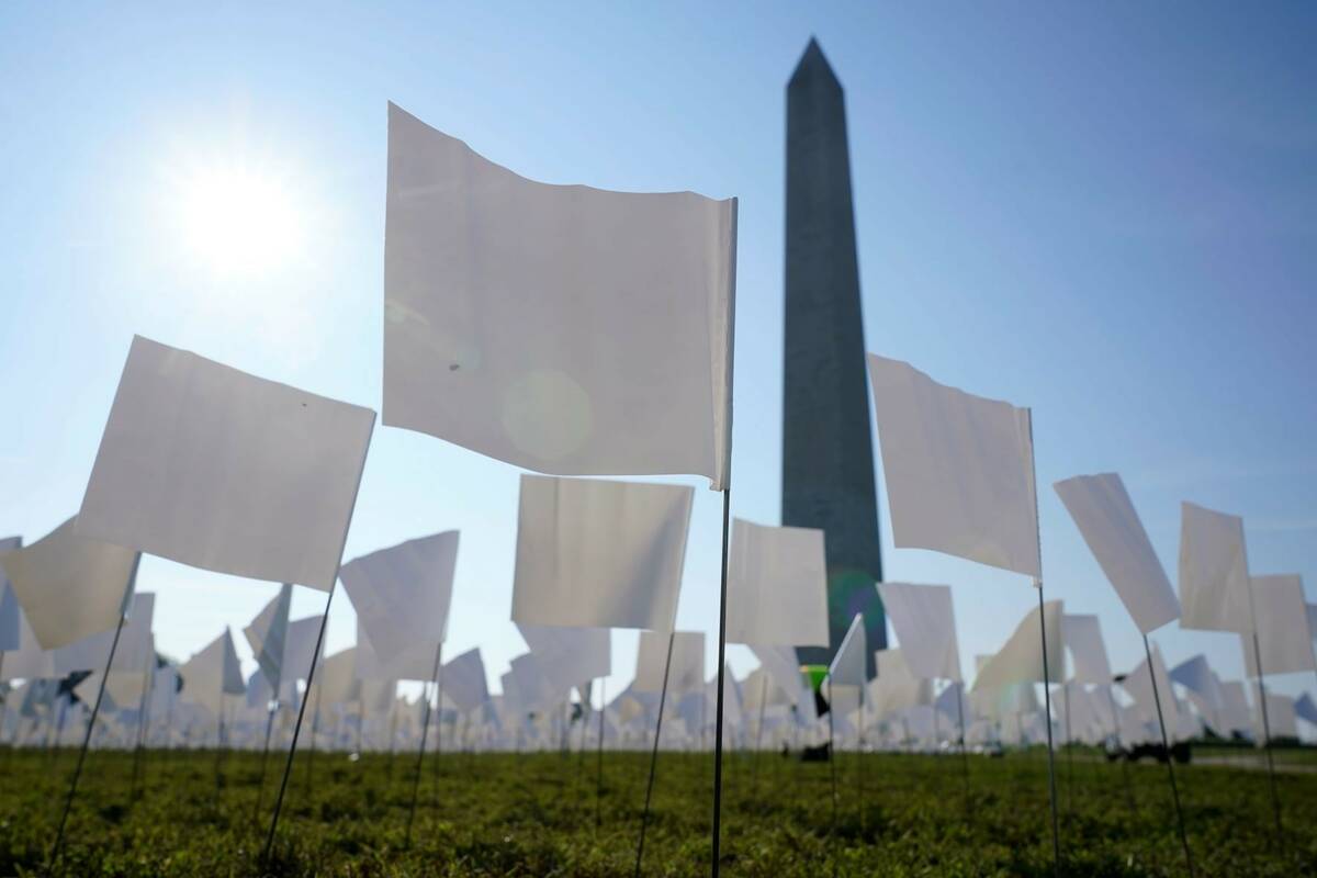 White flags stand near the Washington Monument on the National Mall in Washington, Wednesday, S ...