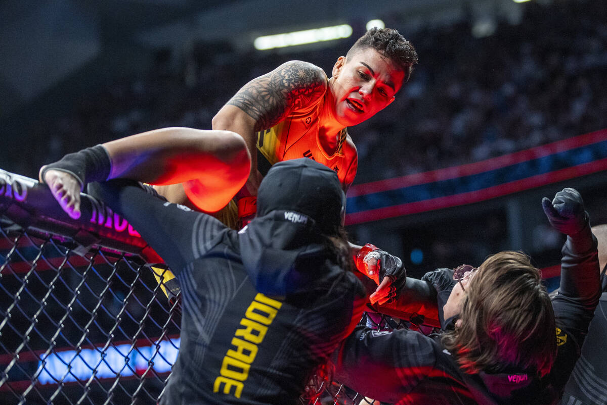 Jessica Andrade celebrates her win over Cynthia Calvillo during their women's flyweight fight b ...