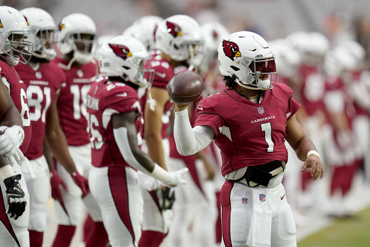 Arizona Cardinals quarterback Kyler Murray (1) warms up prior to an NFL football game against t ...