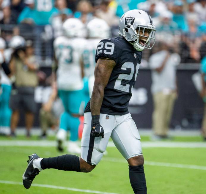 Las Vegas Raiders cornerback Casey Hayward (29) is pumped after a safety during the first half ...