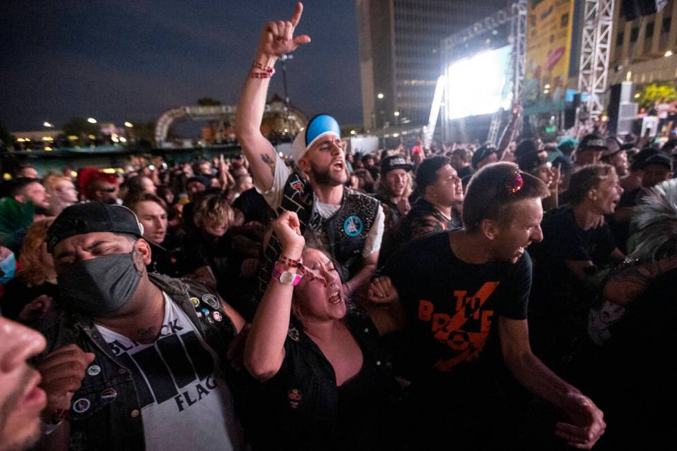 People mosh during a performance by Leftover Crack at the Punk Rock Bowling Music Festival at t ...